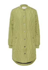 Lys grøn quiltet lang jakke med trykknapper, ribbede manchetter og krave, sidelommer og buet kant.