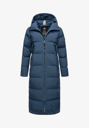 Navy blue puffer coat with a hood, featuring a front zipper, two side pockets, and a quilted texture with horizontal stitching.