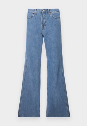 Jasnoniebieskie dżinsowe spodnie dzwony z wysokim stanem, z klasycznym pięciopocketowym wzorem i kontrastowym przeszyciem wzdłuż szwów.