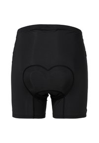 Pantaloni da ciclismo neri con un design aderente. Presentano un'imbottitura a forma di cuore sul retro e una cintura elastica. Realizzati in tessuto elastico.