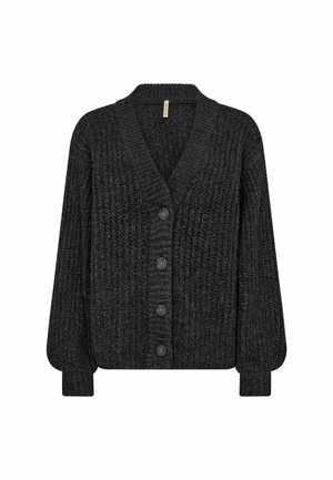 Cardigan grigio scuro con scollo a V, texture a costine, cinque bottoni a contrasto e maniche lunghe leggermente a sbuffo. Materiale in maglia morbida.
