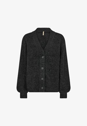 Cardigan gri închis cu decolteu în V, textură cu torsadă, cinci butoane contrastante și mâneci lungi, ușor bufante. Material tricotat moale.