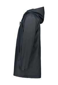 Tummanharmaa sadetakki, jossa on huppu, säädettävä nauha, sivutaskut ja sileä, vettä hylkivä kangas. Klassinen suoralinjainen muotoilu.