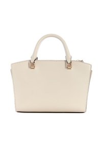 Borsa a mano in pelle sintetica beige con due manici, forma strutturata, base piatta, accessori in tonalità oro e cuciture visibili lungo i bordi.
