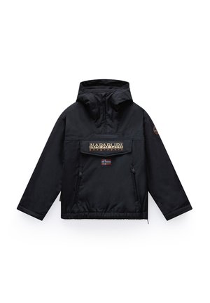 Zwarte anorakjas met een hoge kraag, met rits afgesloten zakken en een voorvak. Bevat "Napapijri" branding en een kleine Noorse vlag.