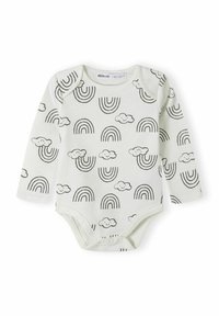 Bodysuit pour bébé à manches longues en crème clair avec un motif de nuages et d'arc-en-ciel noir, doté de pressions à la base et en coton doux.