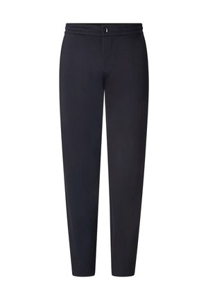 Černé kalhoty s rovnými nohavicemi, zapínáním na knoflík a zip, užším pasem a bez viditelných kapes, zobrazené na bílém pozadí.