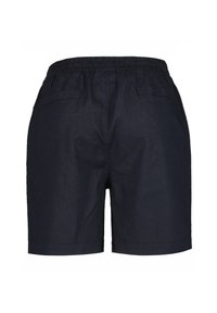 Marineblaue Shorts mit einem elastischen Bund, zwei Gesäßtaschen und geradem Schnitt. Der Stoff wirkt leicht und hat eine glatte Textur.