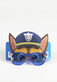 Lunettes de soleil en plastique bleu avec des accents de chien cartoon, présentant les yeux d'un personnage sur les verres et une carte représentant un chien avec une casquette.