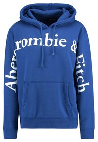 Blå hoodie med vit text som står "Abercrombie & Fitch" fram och på ärmarna. Har en känguruficka och dragsko.