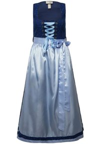 Vestido tradicional con un corsé azul estampado, con cordones en la parte frontal y una falda de satén azul claro fluida, que cuenta con una cintura atada.