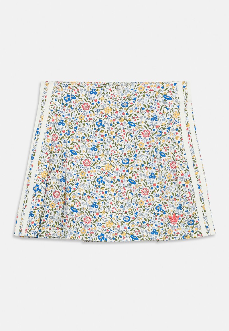 Rock mit floralem Muster auf weißem Hintergrund, verziert mit blauen, rosa und gelben Blumen. Mit seitlichen Streifen in einer einfarbigen Akzentfarbe.