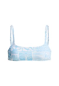 Jasnoniebieski top bikini z różnymi białymi geometrycznymi i tropikalnymi wzorami, z cienkimi ramiączkami i prostokątnym kształtem.