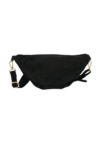 Sac banane en suède noir avec une forme arrondie, des détails en or et une bandoulière ajustable. Texture douce avec des accents plissés sur les côtés.