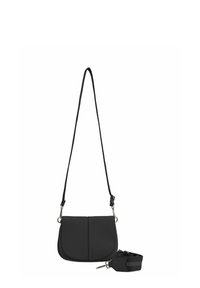 Borsa a tracolla nera realizzata in materiale liscio con forma arrotondata, dotata di una tracolla rimovibile e elementi di design minimalisti.
