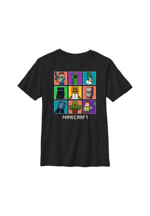 Sort T-shirt med ni farverige Minecraft-figurer i et 3x3 gitter over Minecraft-logoet.