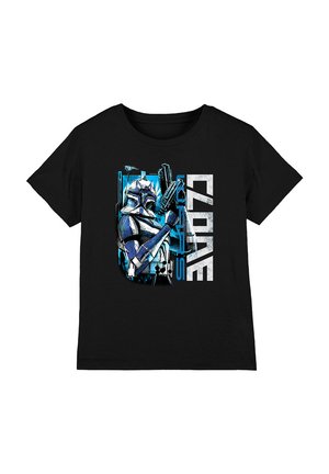 Black T-shirt featuring a graphic of a blue and white helmeted character holding a weapon, with "CLONE" text in bold white letters.