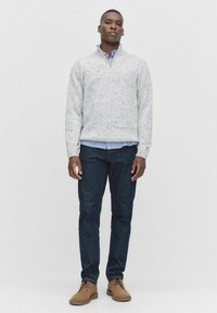 Ljusgrå stickad tröja med prickig textur, med dragkedja i kragen, lagd över en blårandig skjorta, tillsammans med mörkblå jeans och beige skor.