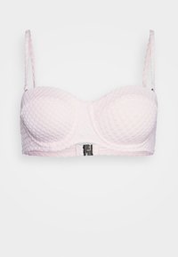 Sutiã bandeau texturizado rosa com copas estruturadas, alças finas ajustáveis e fecho metálico frontal.