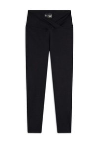 Leggings neri con una larga vita ripiegata e una texture liscia. Senza motivi o dettagli; progettati per comfort e flessibilità.