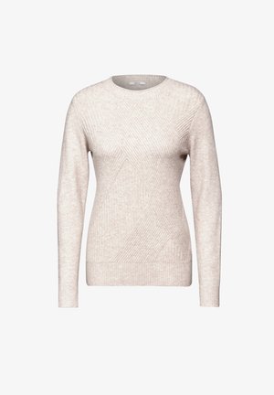 Beige strikket sweater med rund halsudskæring og lange ærmer. Har ribbet tekstur og geometrisk mønster på fronten.