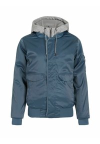 Giacca imbottita blu con cappuccio grigio, dotata di due tasche frontali, polsini e orlo a coste, e cordini a contrasto. Tessuto dalla texture liscia.