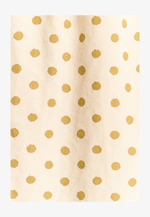 Cotton fabric featuring an off-white background with evenly spaced gold polka dots. Dots vary slightly in size and texture.