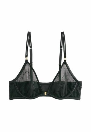 Schwarzer transparenter Mesh-BH mit Bügel, verstellbaren doppelten Schulterträgern, vorderem Verschluss und dezent welligem Stickdetail auf den Cups.