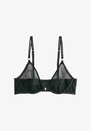 Schwarzer transparenter Mesh-BH mit Bügel, verstellbaren doppelten Schulterträgern, vorderem Verschluss und dezent welligem Stickdetail auf den Cups.