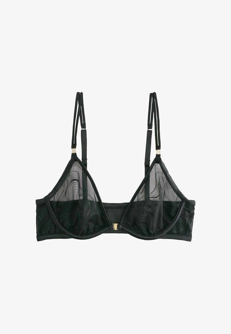 Juodi permatomi tinklelio liemenėlės su lankeliais, reguliuojamais dvigubais petnešėlių dirželiais, priekinėmis sagtimis ir subtiliu banguotu siuvinėjimu ant kaušelių.