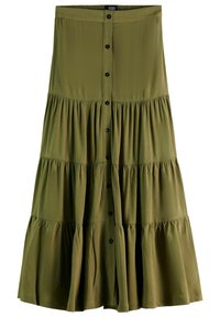 Falda larga de tiras verdes con cierre frontal de botones, que presenta botones negros, un diseño acampanado y un tejido suave y texturizado.