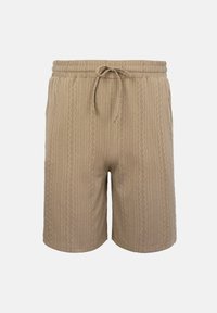 Short beige pour homme avec taille élastique, cordon frontal et motif texturé en zigzag vertical discret.