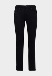 Fekete, slim-fit farmernadrág elülső és hátsó zsebekkel, övhurkokkal és gombos záródással, fehér háttér előtt bemutatva.