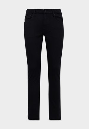Black slim-fit jeans with front and back pockets, belt loops, and button closure, displayed on a white background.
