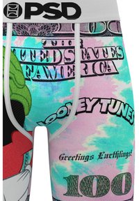 Colorful men's boxer briefs featuring Looney Tunes characters, a dollar bill design, and a soft, stretchy fabric with a pastel background.