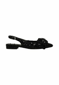 Zwarte slingback schoen met een gepailleerd textuur en pluizig materiaal. Voorzien van een spitse neus en een lage blokhak. Verstelbare band voor een goede pasvorm.