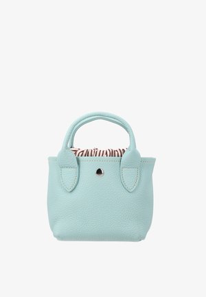 Lichtblauwe gestructureerde leren handtas met twee hengsels en een zilveren knoop, waarbij aan de binnenkant gedeeltelijk een zebragestreepte stof zichtbaar is.