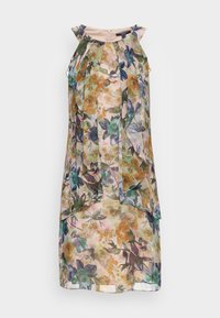 Vestido floral em tecido transparente com padrões coloridos em aquarela, apresentando flores em verde, laranja e roxo; decote arredondado e design em camadas.