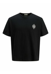 T-shirt in cotone nero con scollatura rotonda e maniche corte. Presenta un design ricamato in argento nella zona sinistra del petto.