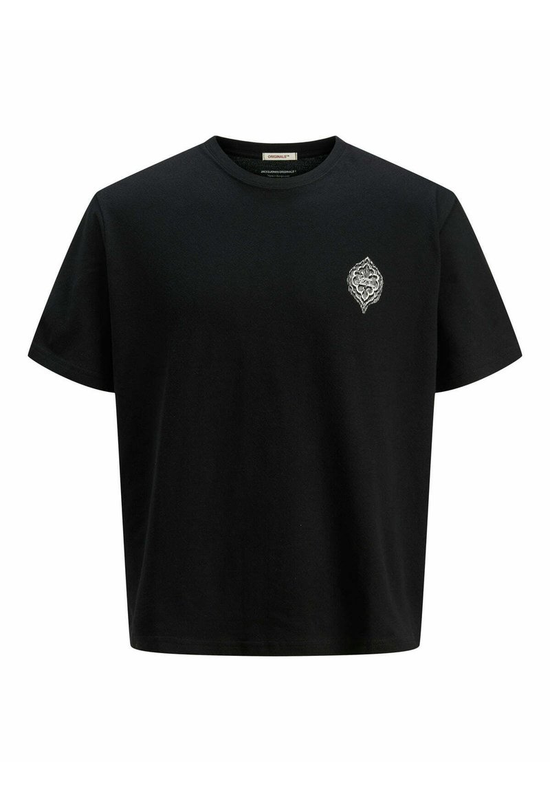 T-shirt in cotone nero con scollatura rotonda e maniche corte. Presenta un design ricamato in argento nella zona sinistra del petto.