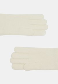 Guanti a maglia in morbido materiale bianco sporco con una superficie liscia. Il design presenta cinque dita con una vestibilità aderente e polsini a coste.