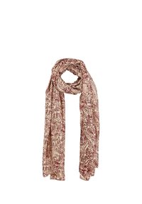 Écharpe légère crème avec imprimé botanique bordeaux, présentant des motifs de feuilles détaillés. Texture douce et forme rectangulaire allongée.