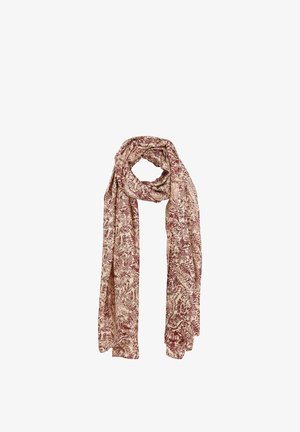 Pañuelo ligero en color crema con estampado botánico burdeos, mostrando elaborados patrones de hojas. Textura suave y forma rectangular alargada.