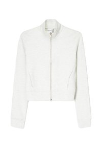 Kort ljusgrå bomberjacka i mjukt tyg med dragkedja fram, ribbad fåll och sidofickor. Enkel och minimalistisk design.