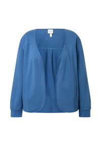 Blå langærmet cardigan med åben front, rund halsudskæring og tætsiddende manchetter, lavet af blødt stof, vist på hvid baggrund.