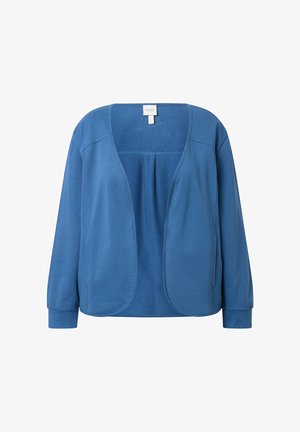 Cardigan blu a maniche lunghe con apertura frontale, scollo rotondo e polsini aderenti, realizzato in tessuto morbido, esposto su sfondo bianco.