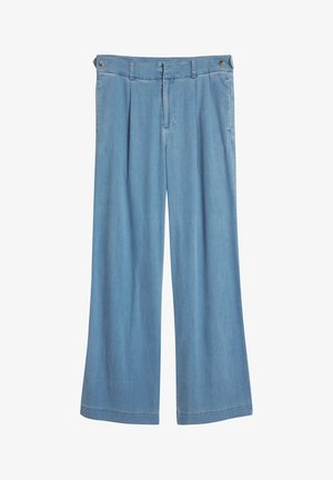 Lyseblå, vide bukser laget av denim. Funksjoner inkluderer frontfolder, knapperlukking og en ren kant uten synlige dekorasjoner.