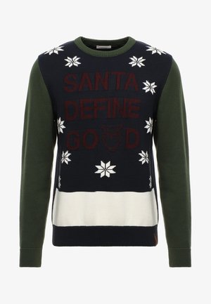 Pull de Noël bleu marine et vert avec flocons de neige blancs, bande inférieure blanche, et texte "Santa Define Good" accompagné d'un graphique de hibou.