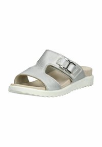 Infradito in pelle argento con due strap aperti, dettaglio fibbia e una soletta imbottita beige. Presenta una suola bianca testurizzata.