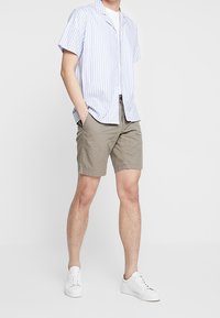 Kurzarm-Hemd mit hellblauen Streifen und Schößchenkragen, kombiniert mit khakifarbenen Shorts und weißen Sneakers, stehend vor einem neutralen Hintergrund.